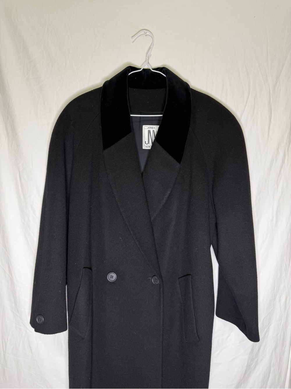 Jones New York 100% Wool Jacket Black Trench Coat Velvet Collar Size L